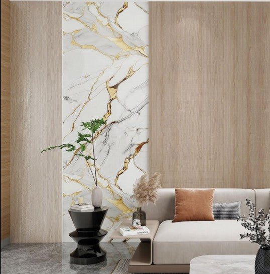 Gold White Marble Look PVC Wall Panel – 4x8 ft UV Coated, Waterproof & Fire Rated (32 sq. ft)