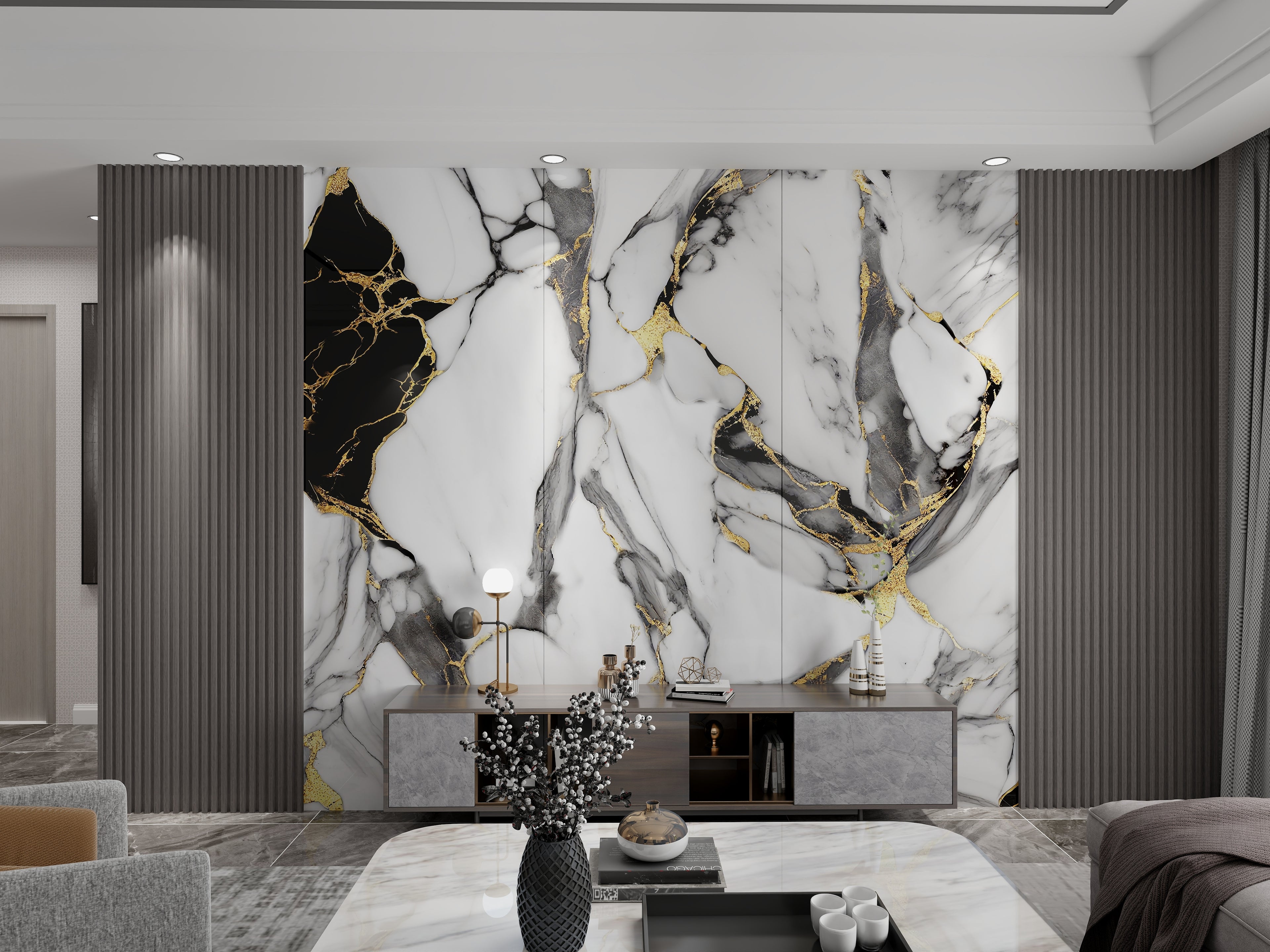 Gold Black Marble Look PVC Wall Panel – 4x8 ft UV Coated, Waterproof & Fire Rated (32 sq. ft)