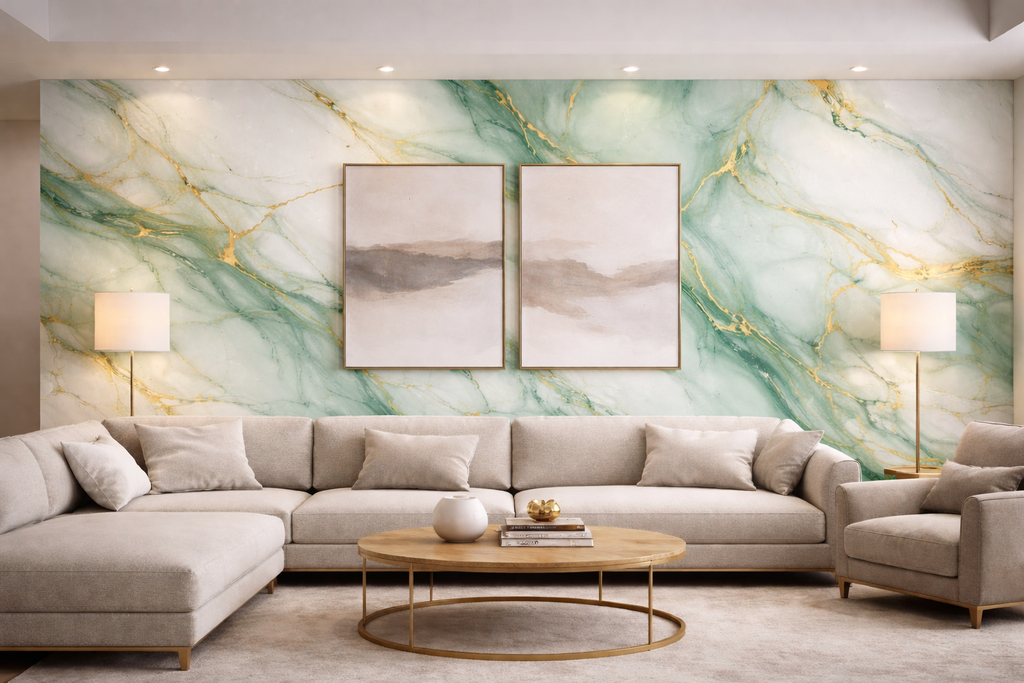 Gold Green Marble Look PVC Wall Panel – 4x8 ft UV Coated, Waterproof & Fire Rated (32 sq. ft)