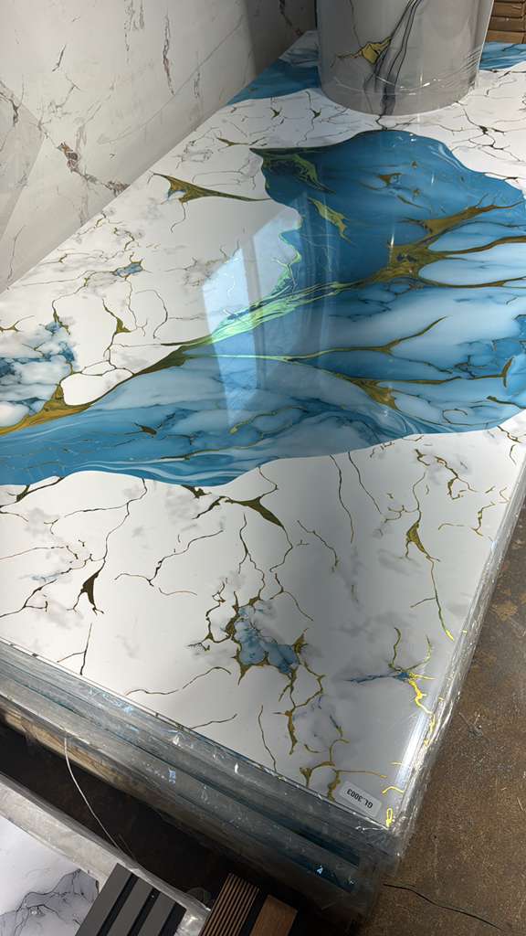 Gold Aqua Marble Look PVC Wall Panel – 4x8 ft UV Coated, Waterproof & Fire Rated (32 sq. ft)