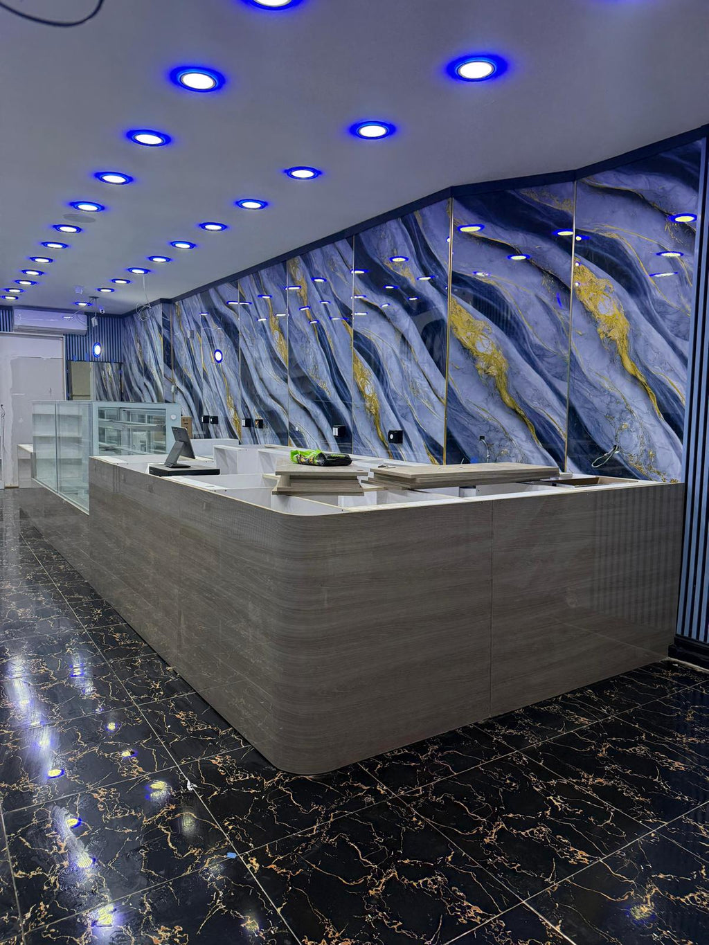 Gold Blue Wave Marble Look PVC Wall Panel – 4x8 ft UV Coated, Waterproof & Fire Rated (32 sq. ft)