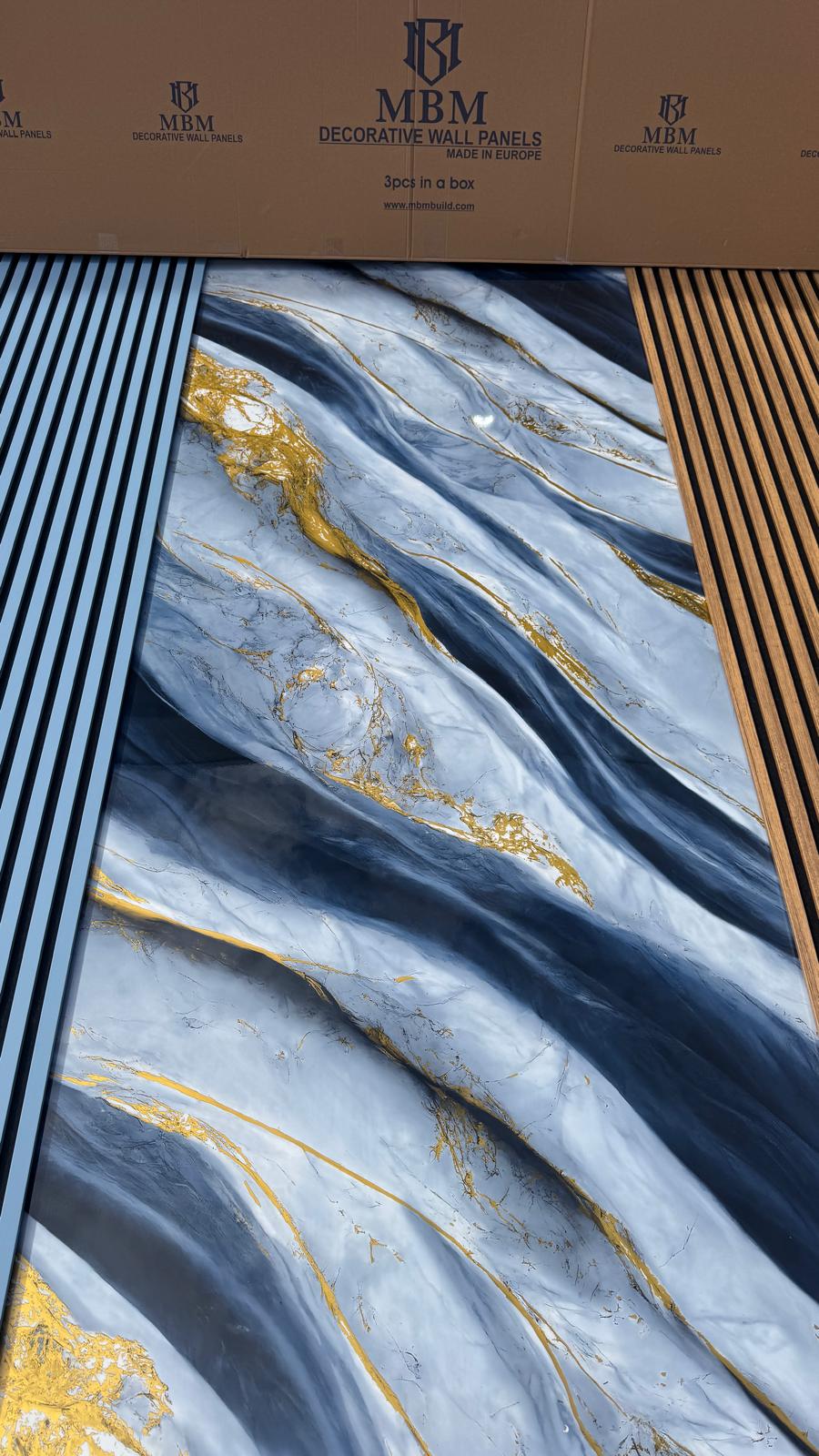 Gold Blue Wave Marble Look PVC Wall Panel – 4x8 ft UV Coated, Waterproof & Fire Rated (32 sq. ft)
