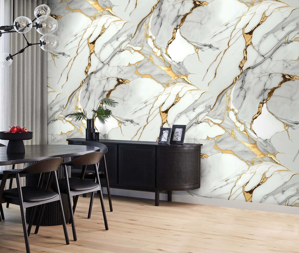 Gold White Marble Look PVC Wall Panel – 4x8 ft UV Coated, Waterproof & Fire Rated (32 sq. ft)